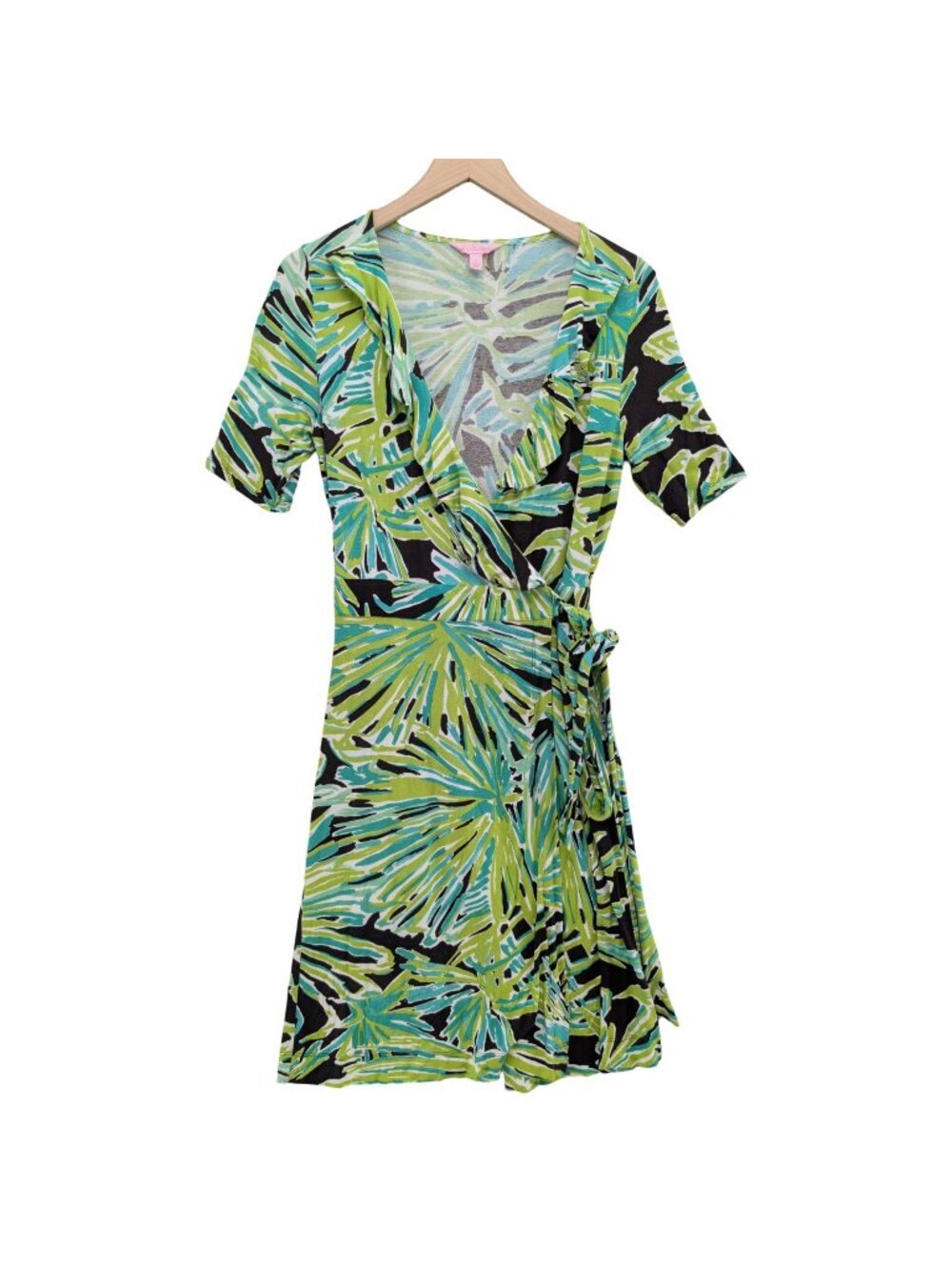 Lilly Pulitzer Adalie Ruffle Wrap Dress Green Black Envy Palm Short Sleeve Sz S